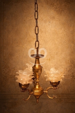ثريا نحاسية أنتيك بزجاج مزخرف على شكل ورود | Antique Brass Chandelier with Rose Glass Shades