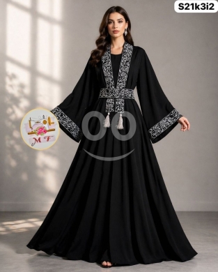 الملابس، الأحذية والزينة في Loussiya - 3-Piece Royal Abaya Set - Deep "Night Kohl" Black | طقم العباية الملكية ٣ قطع - سواد فاحم "كحل الليل