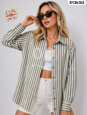 الملابس، الأحذية والزينة في Loussiya - قميص نسائي مقلم بترصيع "ستراس" - كولكشن 2026 | Women&rsquo;s Modern Striped Rhinestone Shirt
