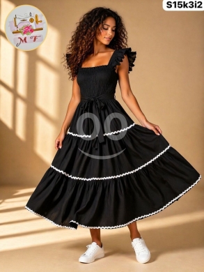 الملابس، الأحذية والزينة في Loussiya - فستان "ريون" صيفي طبقات صدر مغيط | Premium Rayon Tiered Summer Dress