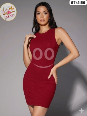الملابس، الأحذية والزينة في Loussiya - فستان قطن "ريب" مضلع نخب أول | Premium Ribbed Cotton Sleeveless Dress