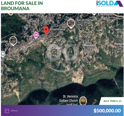 Lands for sale in Broumana - 890m2 prime land+mountain view 4sale in Broumana - برمانا PM87L13