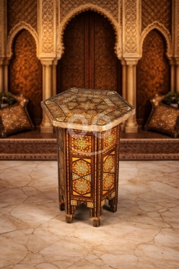 Antiques & Collectibles in Batroun - طاولة تراثية سداسية بنقوش شرقية فاخرة | Luxury Hexagonal Oriental Inlaid Side Table