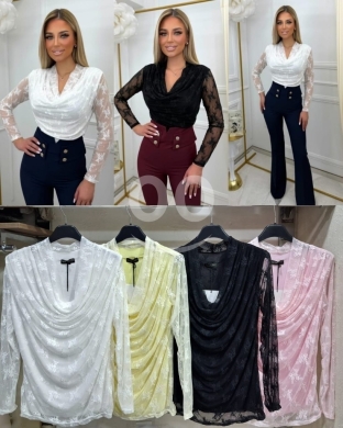 Clothes, Footwear & Accessories in Beirut City - Elegant Italian Lace Draped Neck Top with Sheer Sleeves | بلوز إيطالي دانتيل قبة دالقة وكم شفاف