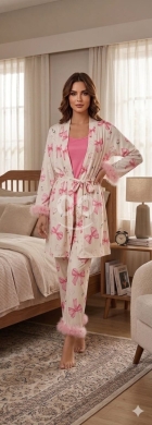 Clothes, Footwear & Accessories in Loussiya - طقم بيجامة "ريش الهوانم" قطن 3 قطع فخامة ملكية | Luxury 3-Piece Cotton & Feather Set