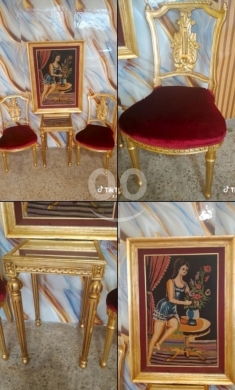 Other home furniture in Bchamoun - طقم استقبال ملكي مذهب 4 قطع (كرسيين، طاولة كونسول، ولوحة فنية) | 4-Piece Royal Gilded Reception Set