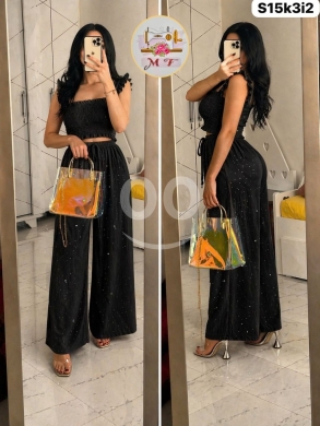 الملابس، الأحذية والزينة في Loussiya - طقم نسائي لنن "بروتيل وبنطال" مع ستراس صيفي | Women&#039;s Summer Linen Strass Set