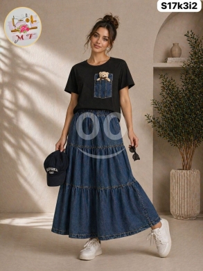 الملابس، الأحذية والزينة في Loussiya - طقم تنورة جينز وبلوزة قطن شبابي | Women&#039;s Denim Skirt & Cotton Top Set