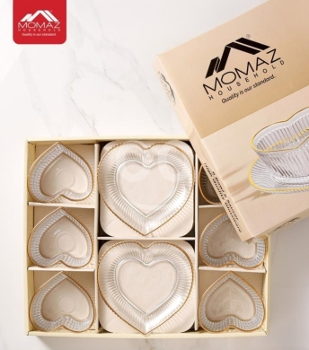 Kitchen in Taalabaya - طقم ضيافة مومز 12 قطعة زجاج بتصميم قلب مذهب | MOMAZ 12-Piece Heart Glass Serving Set