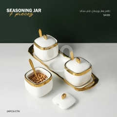 طقم توابل بورسلان ملكي 7 قطع مع ستاند مذهب | Royal 7-Piece Porcelain Seasoning Jar Set