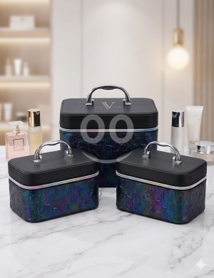 الملابس، الأحذية والزينة في Loussiya - طقم منظمات مكياج 3 في 1 بتصميم جلد وتطريز فاخر | 3-in-1 Makeup Organizer Set Zigzag Design