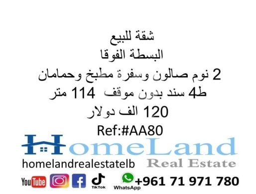 Apartments for sale in Basta - شقة للبيع البسطة الفوقا 2 نوم صالون وسفرة مطبخ وحمامان ط4 سند بدون موقف 114 متر 120 الف دولار