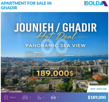 Apartments for sale in Ghadir - " LUX " Furnished 180m2 apartment+Sea view 4sale in Ghadir - غدير JJ39A168