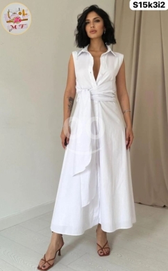 الملابس، الأحذية والزينة في Loussiya - فستان ريون صيفي حفر بأزرار موديل 2026 فري سايز | Sleeveless Rayon Dress with Buttons 2026