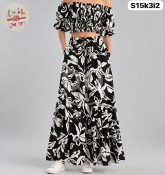 طقم تنورة وبلوزة ريون معرق صيفي فري سايز | Patterned Rayon Skirt & Top Set Free Size
