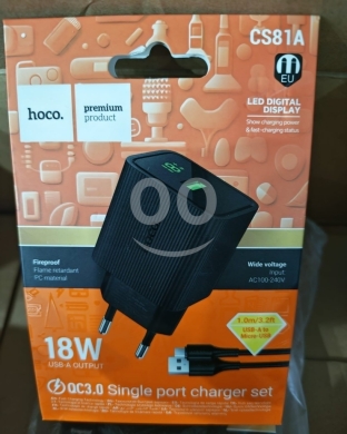 Mobile accessories in Manara - شاحن Hoco CS81A بشاشة رقمية وقوة 18 واط مع كابل | Hoco CS81A 18W Digital Display Charger
