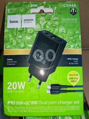 Mobile accessories in Manara - شاحن Hoco CS94A مزدوج المنافذ 20 واط مع كابل USB-C | Hoco CS94A 20W Dual Port Charger Set