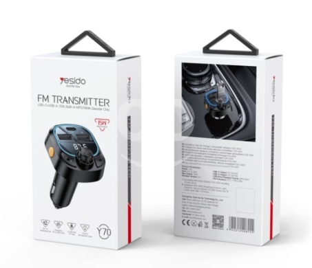 اكسسوارات الهاتف المحمول في منارة - جهاز إرسال FM وشاحن سيارة يسيدو Y70 بقوة 15 واط | Yesido Y70 BT FM Transmitter Car Charger