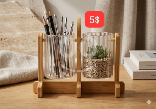 السلع الأخرى في ادونيس - منظم مكتب خشبي مع أكواب زجاجية فاخرة | Wooden Desk Organizer with Glass Cups