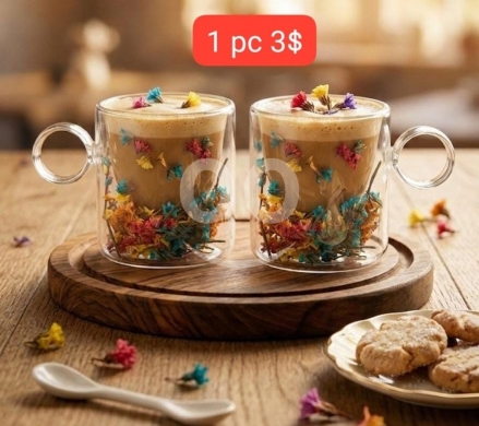السلع الأخرى في ادونيس - أكواب زجاجية مزدوجة الجدار بتصميم زهور مجففة | Double Wall Glass Mug with Dried Flowers