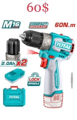 DIY Tools & Materials in Tripoli - دريل برغي توتال 16 فولت براشليس 60 نيوتن متر | Total 16V Brushless Compact Drill Driver 60N.m