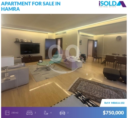 Apartments for sale in Hamra - Luxurious 230m2 apartment 4 sale in Hamra Near AUB-شقة للبيع في الحمراMB60A102