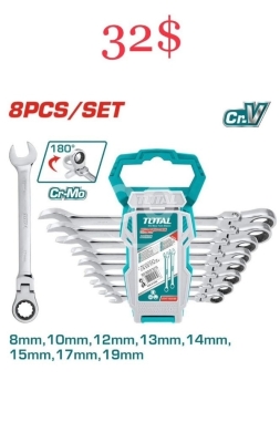 DIY Tools & Materials in Tripoli - طقم مفاتيح رتشت توتال 8 قطع برأس متحرك | Total 8-Piece Flexible Head Ratchet Wrench Set