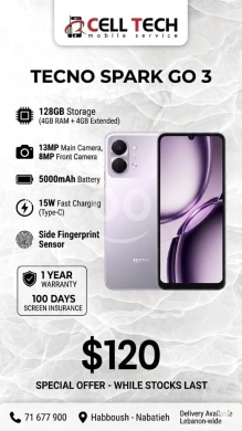 الهواتف المحمولة في صيدا - هاتف تكنو سبارك جو 3 بسعة 128 جيجابايت وكفالة بسعر 120$ | Tecno Spark Go 3 128GB With Warranty $120