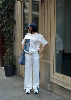 Clothes, Footwear & Accessories in Dahr el-Ain - طقم أبيض مريح قطعتين مع تفاصيل جينز وستراس مقاس S-L | White 2-Piece Rhinestone Set Denim Trim