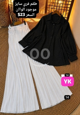 Clothes, Footwear & Accessories in Aley - طقم أنيق قميص أسود منقط مع بنطلون أبيض بليسيه | Chic Polka Dot Shirt & Pleated Pants Set