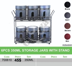 طقم مرطبانات توابل زجاجي 6 قطع مع حامل معدني فخم | 6Pcs 350ml Storage Jars with Stand