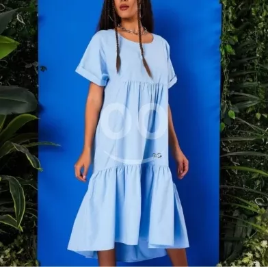 فستان نسائي ميدي صيفي مريح وعصري باللون الأزرق | Casual Light Blue Tiered Women's Midi Dress
