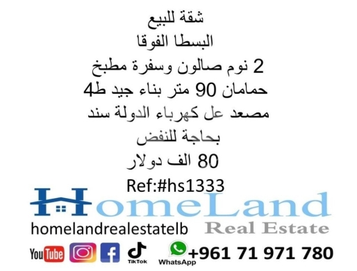 Apartments for sale in Basta - شقة للبيع البسطا الفوقا 2 نوم صالون وسفرة مطبخ و حمامان 90 متر بناء جيد ط4 مصعد عل كهرباء الدولة سند