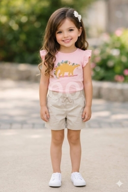 Vêtements, chaussures et accessoires dans Tripoli - طقم بناتي صيفي تيشرت وردي وشورت بيج عمر سنتين | Girls Pink Dinosaur Tee &amp; Beige Shorts Set 2Y
