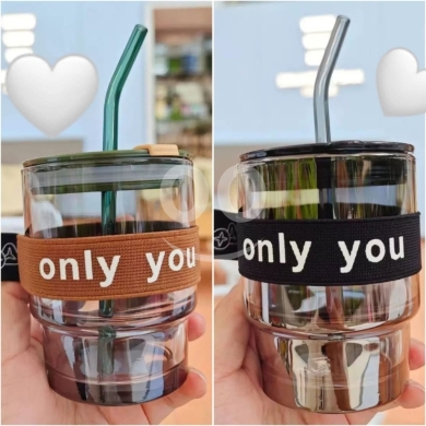 Kitchen in Adonis - ماغ زجاج شفاف مع غلاف قماشي وشلموني زجاج | 450ml Glass Mug with Protective Sleeve and Glass Straw