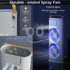 مروحة تبريد مزدوجة مع بخاخ ترطيب وإضاءة ملونة قابلة للشحن | Rechargeable Double-Ended Spray Cooling