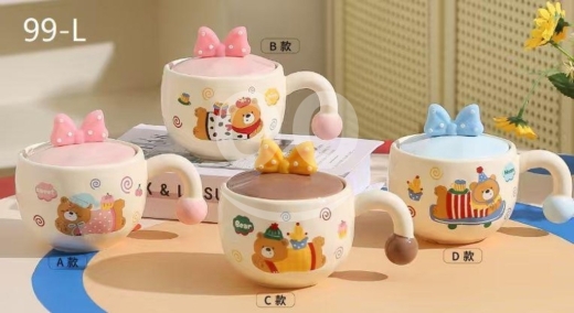 Cuisine dans Adonis - ماغ بورسلان سيراميك كرتوني مع غطاء ومسكة دائرية مميزة | Cartoon Porcelain Ceramic Mug with Lid