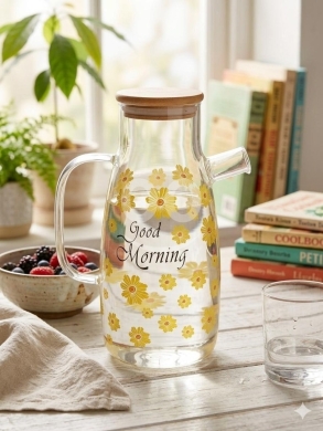 Cuisine dans Adonis - إبريق عصير وزجاجة ماء زجاج مع غطاء خشبي ورسمة ورد | Elegant Glass Juice &amp; Water Pitcher with Wooden