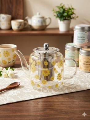 Kitchen in Adonis - إبريق شاي زجاج بيركس مع مصفاة ستانلس ستيل ورسمة ورد أصفر | Premium Glass Teapot with Stainless Steel