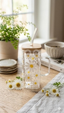 Kitchen in Adonis - كوب ماغ زجاجي مربع مع غطاء خشبي وشلموني زجاج ورسمة ورد الأقحوان | Elegant Square Glass Mug with Wood