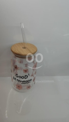 Other home furniture in Adonis - كوب زجاجي بشكل علبة مع غطاء خشبي وشلموني زجاج ورسمة زهور | Aesthetic Can-Shaped Glass Cup with Woode
