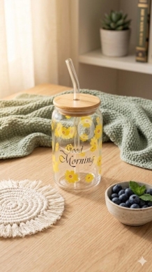 Cuisine dans Adonis - كوب زجاجي بشكل علبة مع غطاء خشبي وشلموني زجاج ورسمة ورد أصفر | Aesthetic Can-Shaped Glass Cup