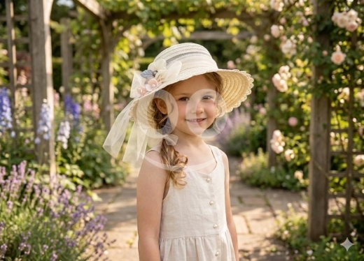 Baby & Kids Stuff in Adonis - قبعة (طاقية) قش بناتي صيفية أنيقة مزينة بالزهور والتول | Elegant Girls&#039; Summer Straw Hat with Floral