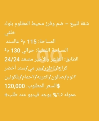 Apartments for sale in Dam Wel Farez - شقة للبيع في ضم وفرز محيط المظلوم - طابق عاشر | 130 SQM Apartment for Sale in Dam &amp; Farez