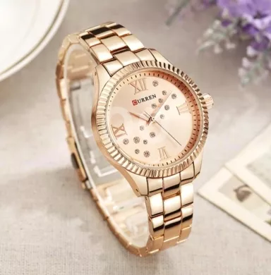 ساعة كورين نسائية فاخرة روز غولد مرصعة بالفصوص | Elegant Curren Women Rose Gold Watch Crystal Dial
