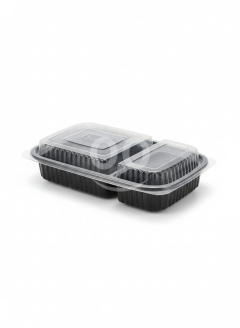 علب ميكرويف سوداء مقسمة قطعتين مع غطاء | 2-Compartment Black Microwave Containers