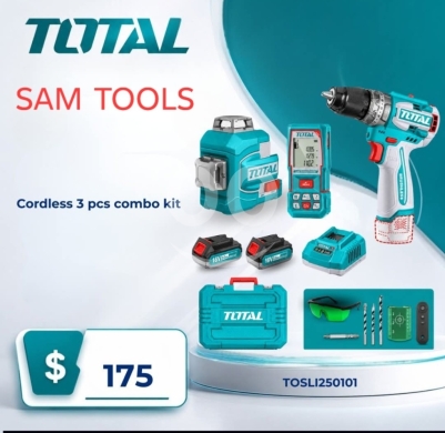 DIY Tools & Materials in Sahat Al Nour - طقم توتال لاسلكي 3 قطع دريل ليزر وميزان كمبو | Total Cordless 3 Pcs Combo Kit TOSLI250101
