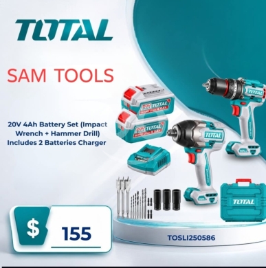 DIY Tools & Materials in Sahat Al Nour - طقم توتال لاسلكي 20 فولت دريل ومفك صدمي محترف | Total 20V Heavy Duty Combo Kit TOSLI250586