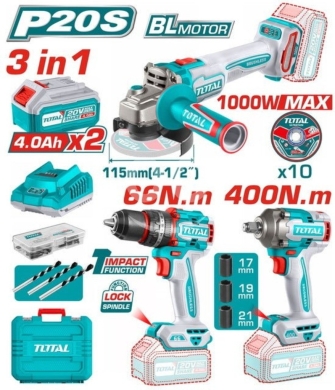DIY Tools & Materials in Sahat Al Nour - طقم توتال لاسلكي 3 في 1 صاروخ ودريل ومفك صدمي | Total Cordless 3 in 1 Combo Kit P20S