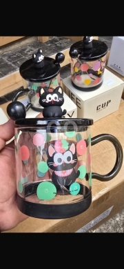 ماغ زجاجي شفاف فاخر مع غطاء وملعقة متناسقة | Premium Clear Glass Mug Set — 2